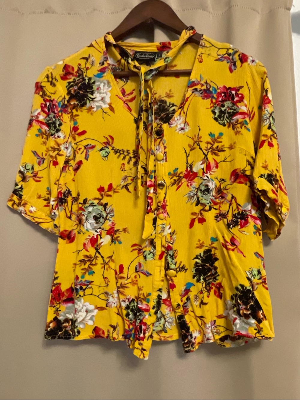 Voodoo Vixen Mustard Yellow Floral Tie-Neck Blouse